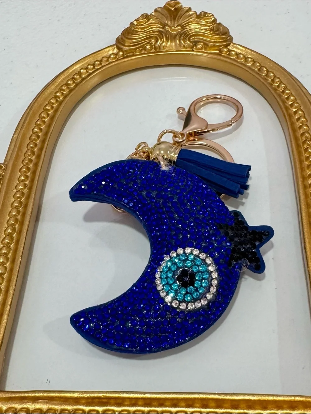 New Navy Crystal Crescent Moon Keychain with Tassel